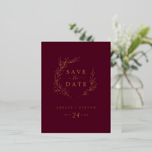 Minimal Leaf  Gold Foil Burgundy Save the Date Foil Invitation Postcard