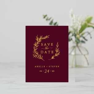 Minimal Leaf   Gold Foil Burgundy Save the Date Invitation Postcard