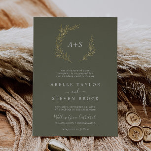 Minimal Leaf Gold Foil Dark Green Monogram Wedding Invitation