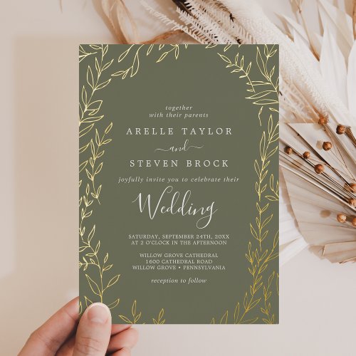 Minimal Leaf  Gold Foil Dark Green Wedding Foil Invitation