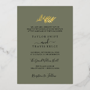 Minimal Leaf Gold Foil Dark Green Wedding Invitation