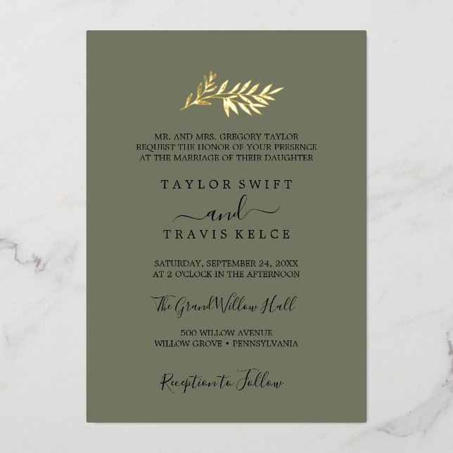 Minimal Leaf Gold Foil Dark Green Wedding Invitation (Front)