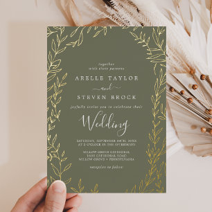 Minimal Leaf   Gold Foil Dark Green Wedding Invitation