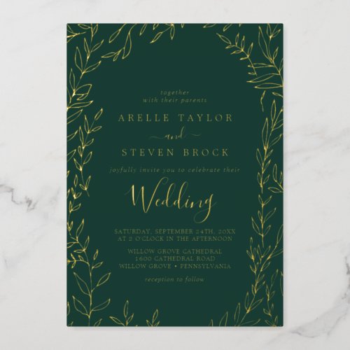 Minimal Leaf  Gold Foil Emerald Frame Wedding Foil Invitation