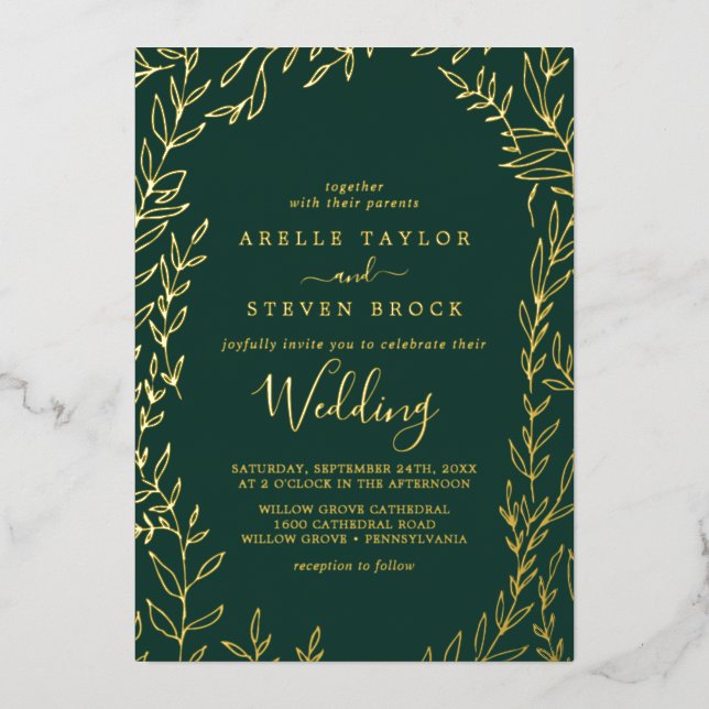 Minimal Leaf | Gold Foil Emerald Frame Wedding Foil Invitation (Front)