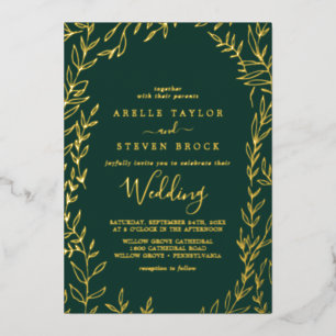 Minimal Leaf   Gold Foil Emerald Frame Wedding Invitation
