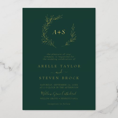 Minimal Leaf  Gold Foil Emerald Monogram Wedding Foil Invitation