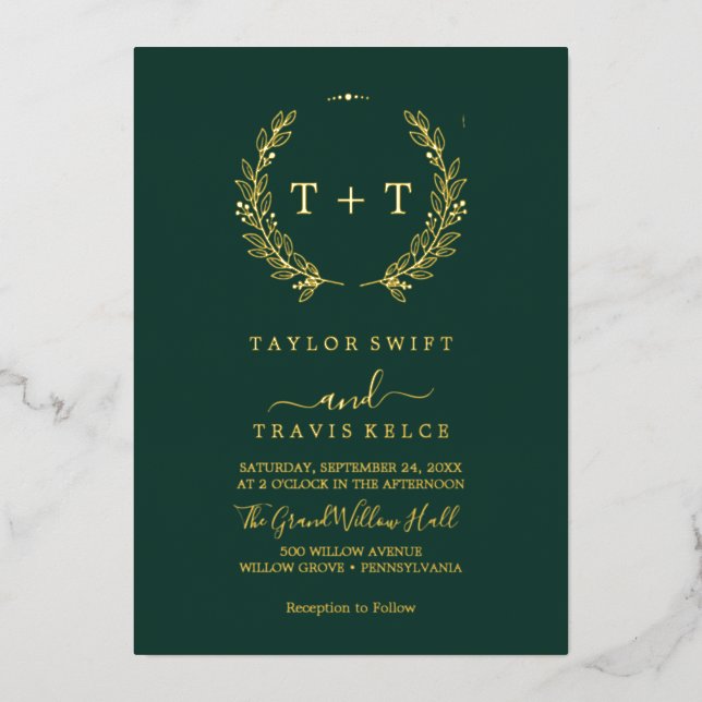 Minimal Leaf | Gold Foil Emerald Monogram Wedding  Invitation (Front)