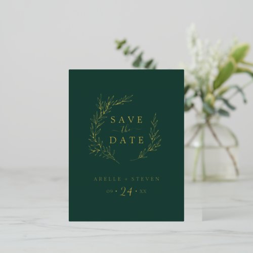Minimal Leaf  Gold Foil Emerald Save the Date Foil Invitation Postcard