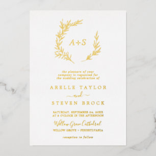Minimal Leaf Gold Foil Formal Monogram Wedding Foil Invitation