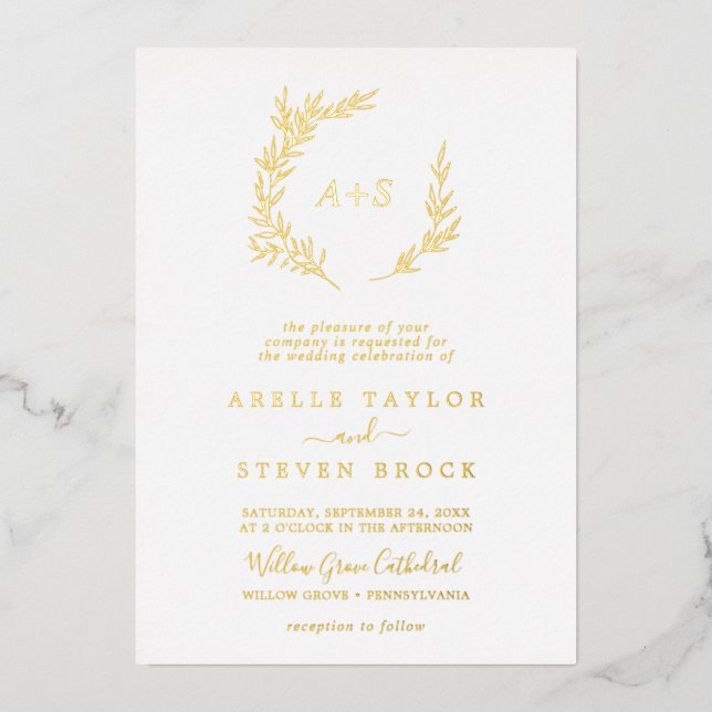 Minimal Leaf | Gold Foil Formal Monogram Wedding Foil Invitation (Front)