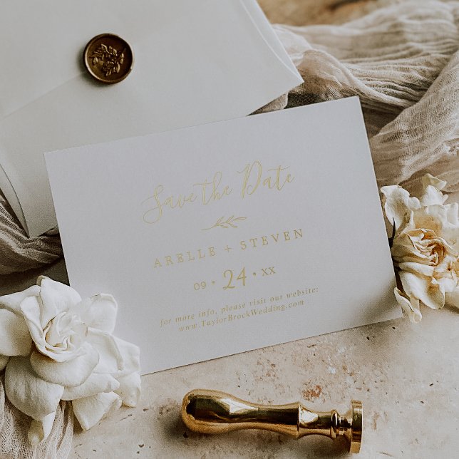 Minimal Leaf | Gold Foil Horizontal Save the Date Invitation (Creator Uploaded)