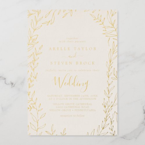 Minimal Leaf  Gold Foil Ivory Frame Wedding Foil Invitation