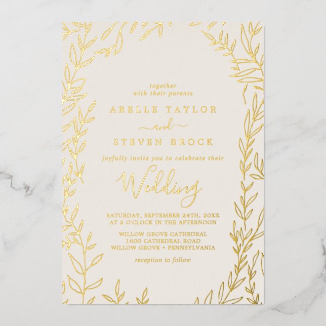 Minimal Leaf | Gold Foil Ivory Frame Wedding Foil Invitation (Front)