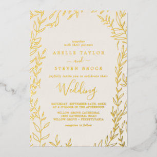 Minimal Leaf   Gold Foil Ivory Frame Wedding Invitation