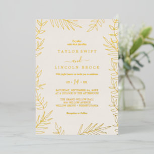 Minimal Leaf Gold Foil & Ivory Frame Wedding  Invitation