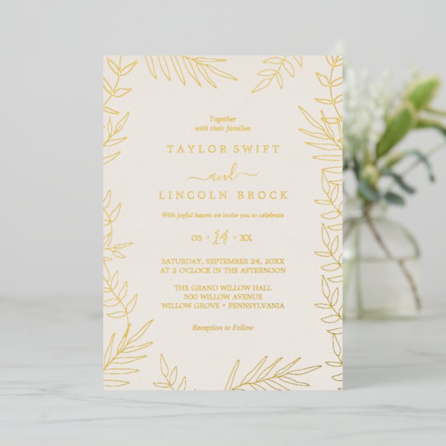 Minimal Leaf Gold Foil & Ivory Frame Wedding  Invitation (Standing Front)