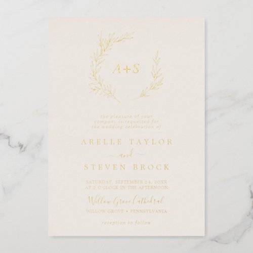 Minimal Leaf  Gold Foil Ivory Monogram Wedding Fo Foil Invitation
