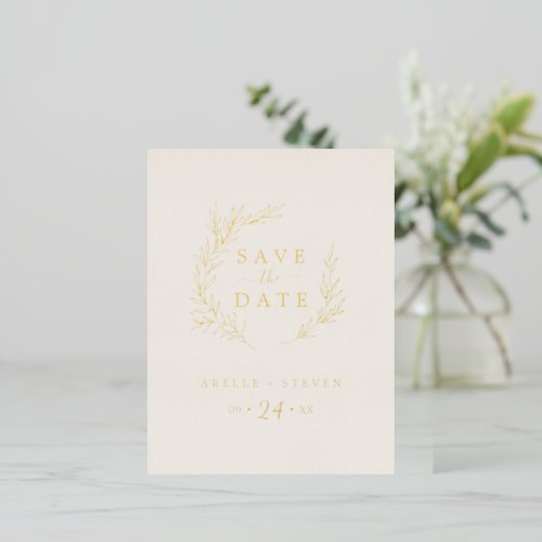 Minimal Leaf  Gold Foil Ivory Save the Date Foil Invitation Postcard