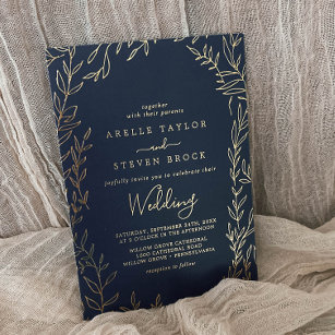 Minimal Leaf   Gold Foil Navy Blue Frame Wedding Foil Invitation