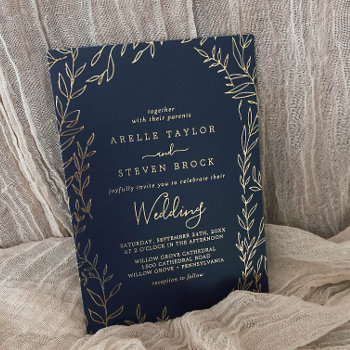 Minimal Leaf | Gold Foil Navy Blue Frame Wedding Foil Invitation by FreshAndYummy at Zazzle