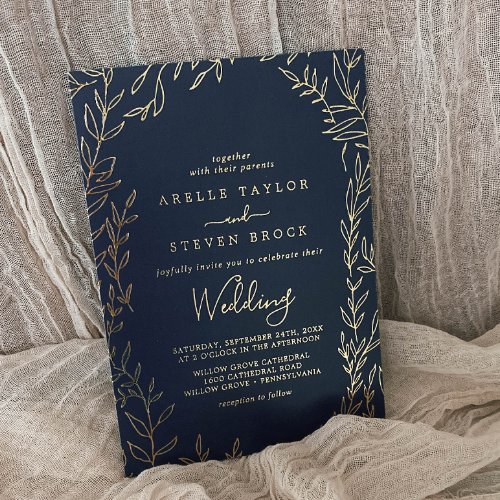 Minimal Leaf  Gold Foil Navy Blue Frame Wedding Foil Invitation