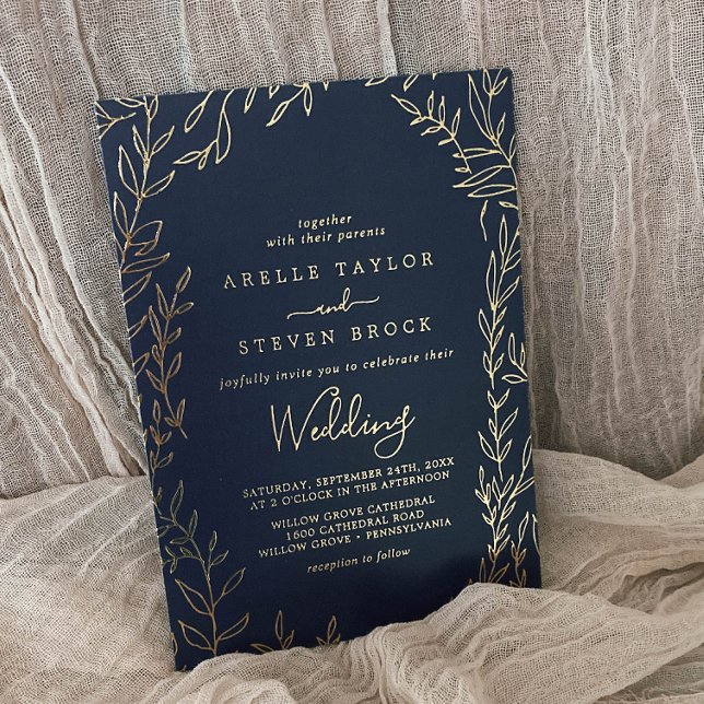 Minimal Leaf | Gold Foil Navy Blue Frame Wedding Foil Invitation (Creator Uploaded)