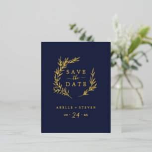 Minimal Leaf Gold Foil Navy Blue Save the Date Foil Invitation Postcard