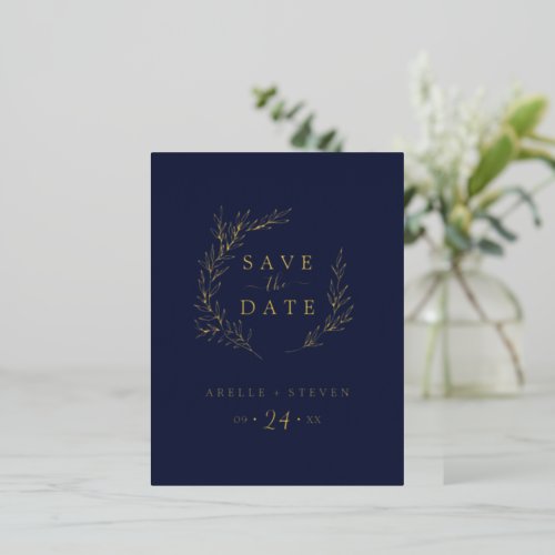Minimal Leaf  Gold Foil Navy Blue Save the Date Foil Invitation Postcard
