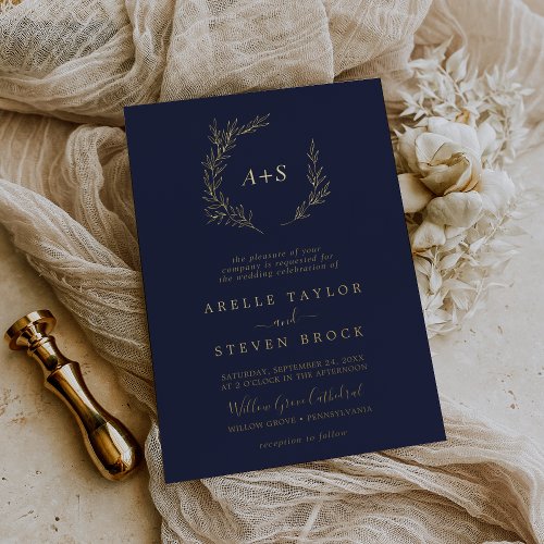 Minimal Leaf  Gold Foil Navy Monogram Wedding Foil Invitation