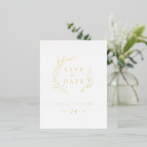 Minimal Leaf  Gold Foil Save the Date Foil Invitation Postcard