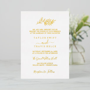 Minimal Leaf Gold Foil Traditional Wedding Invitation