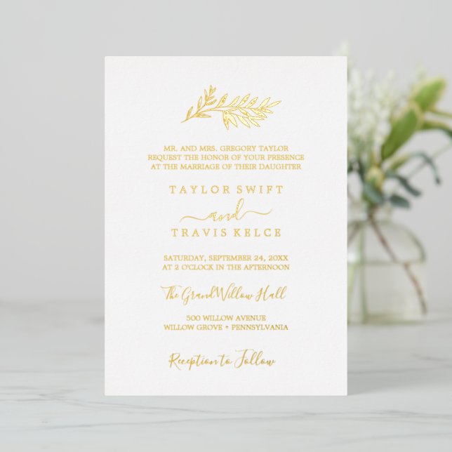 Minimal Leaf | Gold Foil Traditional Wedding  Invitation (Standing Front)