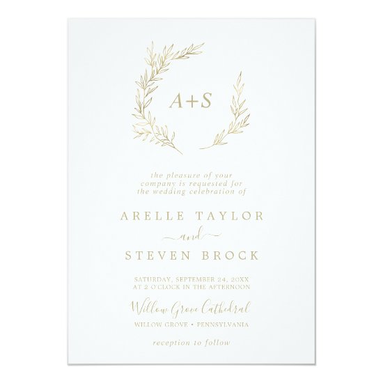 Minimal Leaf | Gold Formal Monogram Wedding Invitation