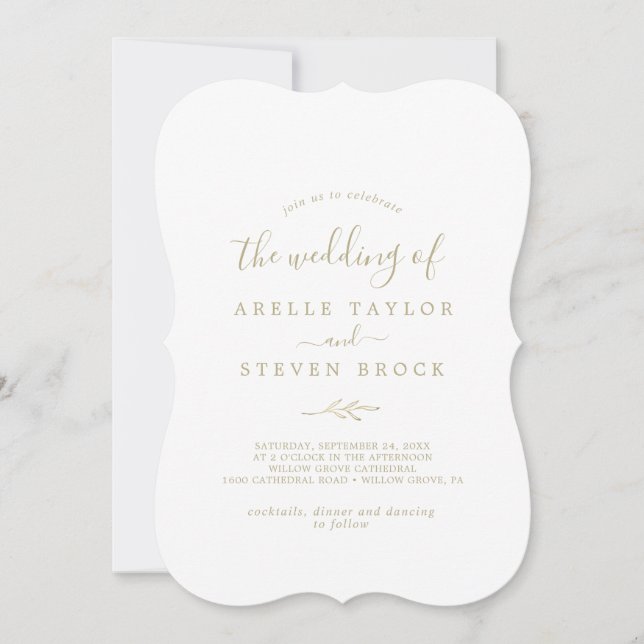 Minimal Leaf | Gold Monogram Back Wedding Invitation (Front)