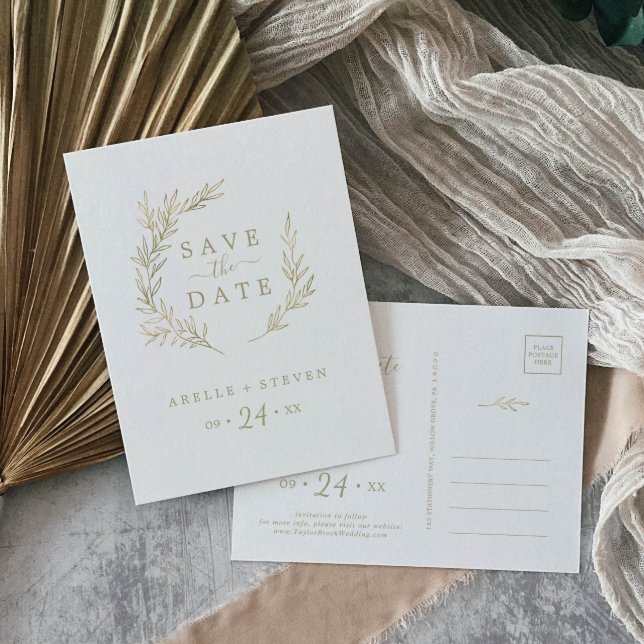Minimal Leaf | Gold Save the Date Invitation Postcard