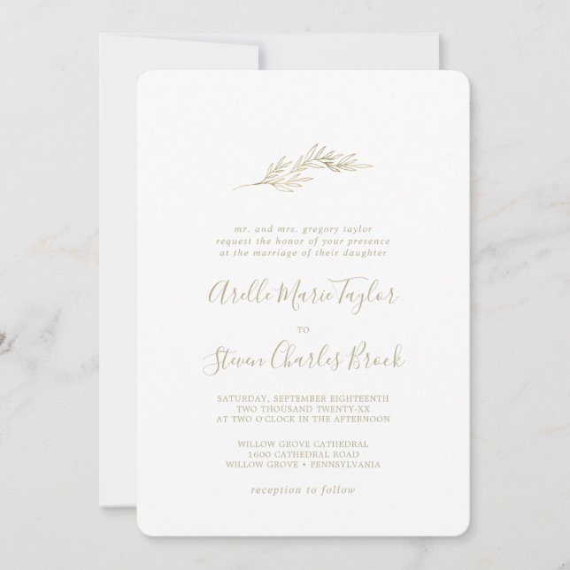 Minimal Leaf | Gold Traditional Wedding Invitation (Front)