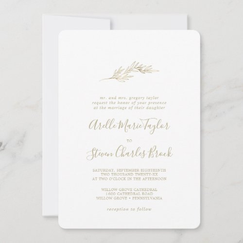 Minimal Leaf  Gold Traditional Wedding Invitation