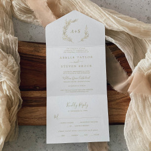 Minimal Leaf Gold Wedding All In One Invitation