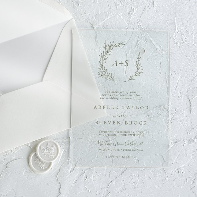 Minimal Leaf Green Monogram Greenery Boho Wedding Acrylic Invitations (Minimal Leaf Green Monogram Greenery Boho Wedding Acrylic Invitations)