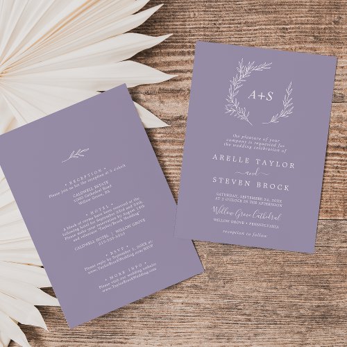 Minimal Leaf  Lavender All In One Wedding Invitation