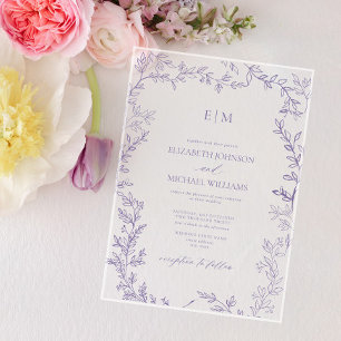 Minimal Leaf Lavender Elegant Monogram Wedding Acrylic Invitations