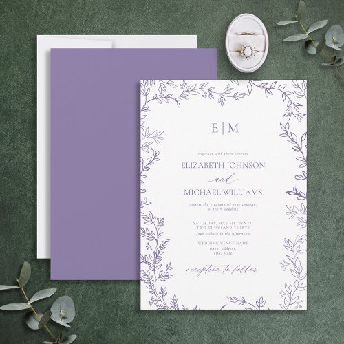 Minimal Leaf Lavender Elegant Monogram Wedding Invitation