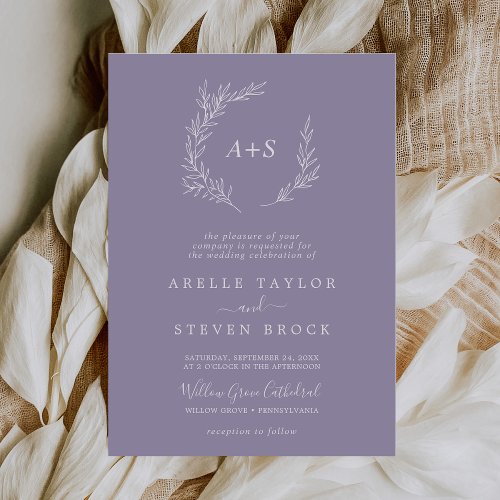 Minimal Leaf  Lavender Formal Monogram Wedding Invitation
