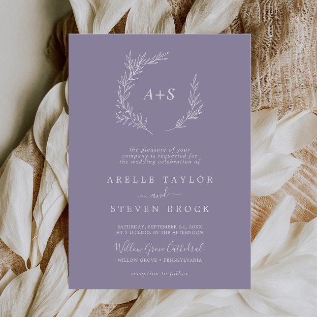 Minimal Leaf | Lavender Formal Monogram Wedding Invitation (Creator Uploaded)