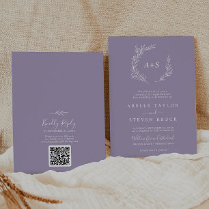 Minimal Leaf Lavender Monogram QR Code Wedding Invitation