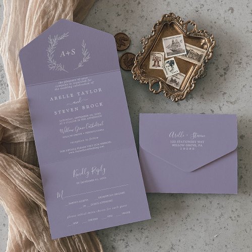 Minimal Leaf  Lavender Wedding All In One Invitation
