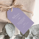 Minimal Leaf Lavender Wedding Welcome Gift Tags<br><div class="desc">These minimal leaf lavender wedding welcome gift tags are perfect for a boho wedding. The design features a simple greenery leaf silhouette in pastel lilac purple with minimalist bohemian garden style. Personalize the tags with the location of your wedding, a short welcome note, your names, and wedding date. These tags...</div>