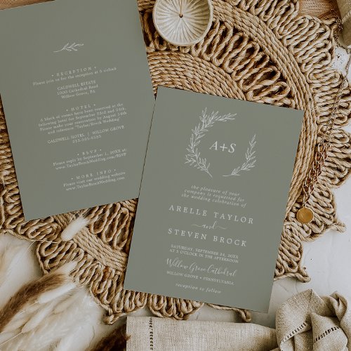 Minimal Leaf  Light Sage Green All In One Wedding Invitation