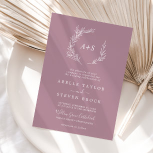 Minimal Leaf Mauve Formal Monogram Wedding Invitation